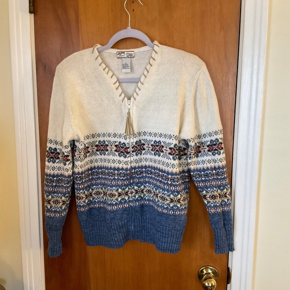 Vintage HEIRLOOM COLLECTIBLES  Sweater 2004 Womens Sz L Blue and Cream… - Picture 1 of 12